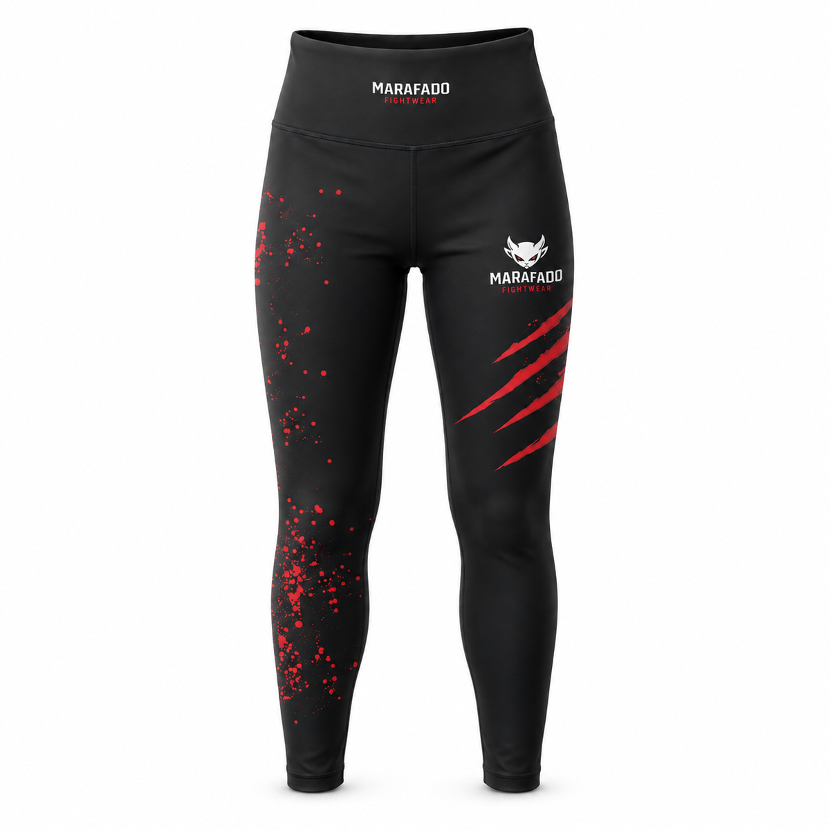 Hard to Handle Leggings femininas pretas e vermelhas, vista frontal em três quartos