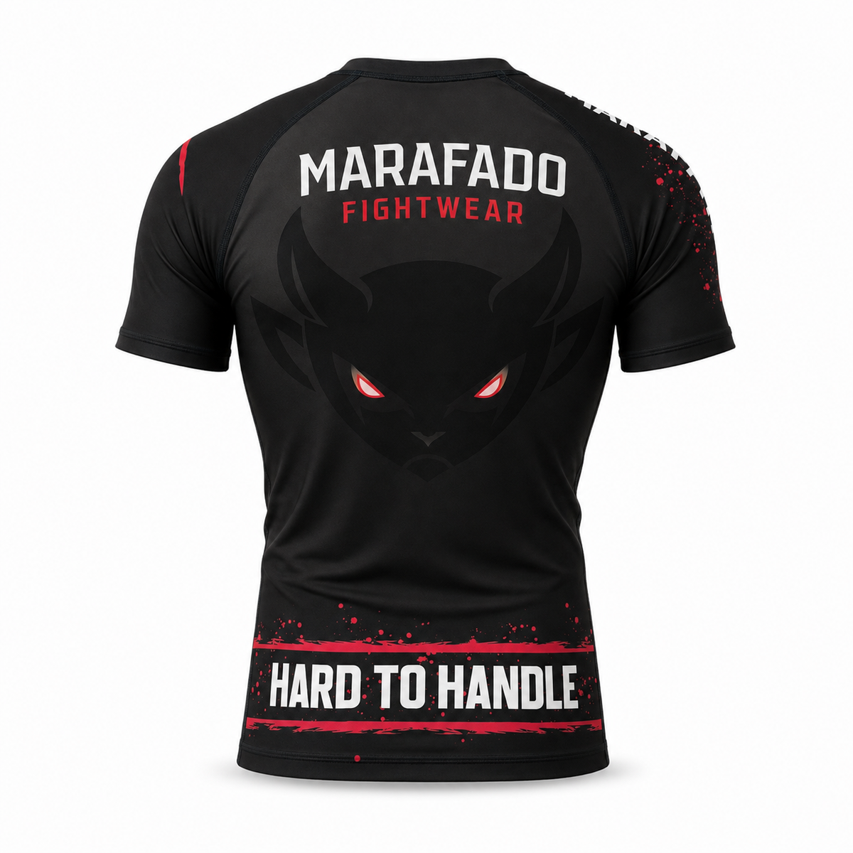 Hard to Handle Rashguard de manga curta preta e vermelha, vista traseira em três quartos
