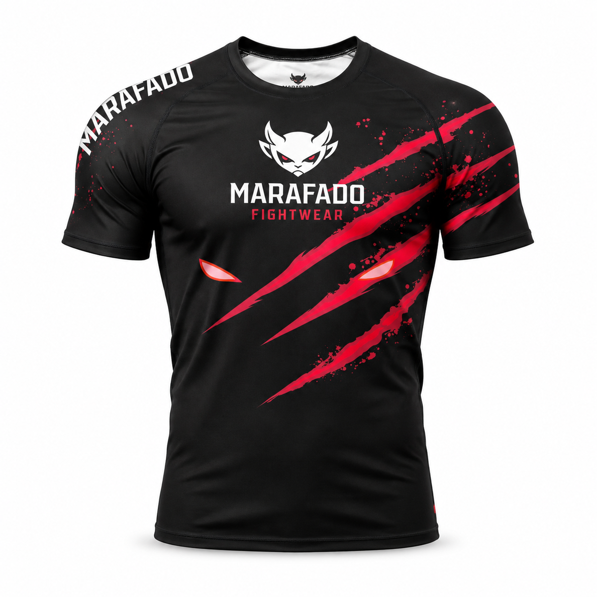 Hard to Handle Rashguard de manga curta preta e vermelha, vista frontal em três quartos