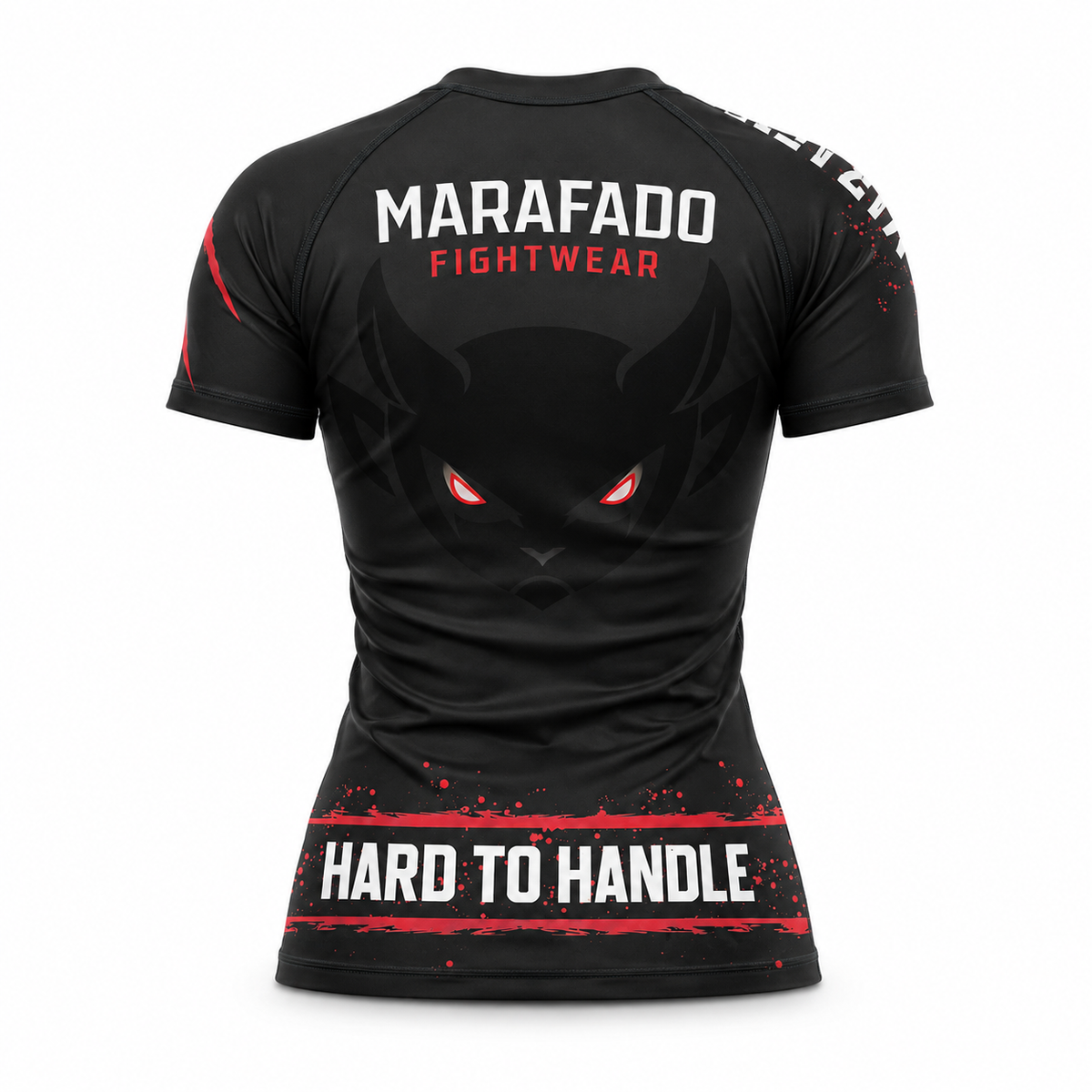 Hard to Handle Rashguard feminina de manga curta preta e vermelha, vista traseira em três quartos