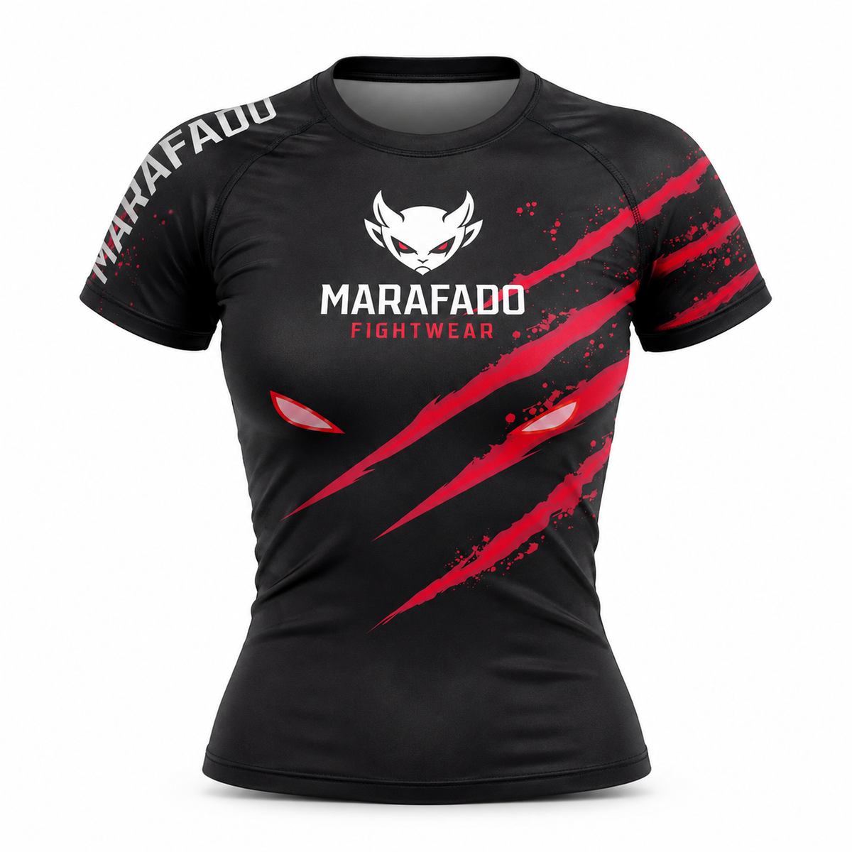 Hard to Handle Rashguard feminina de manga curta preta e vermelha, vista frontal em três quartos