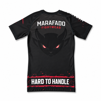 Hard to Handle Rashguard feminina de manga curta preta e vermelha, vista traseira