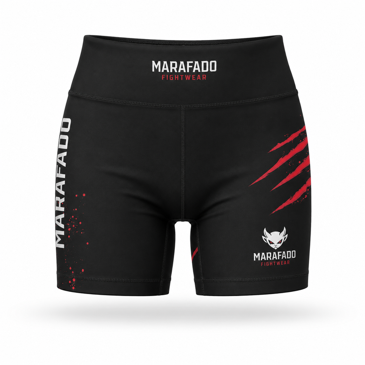 Black and red Hard to Handle compression shorts for women, three-quarter front view