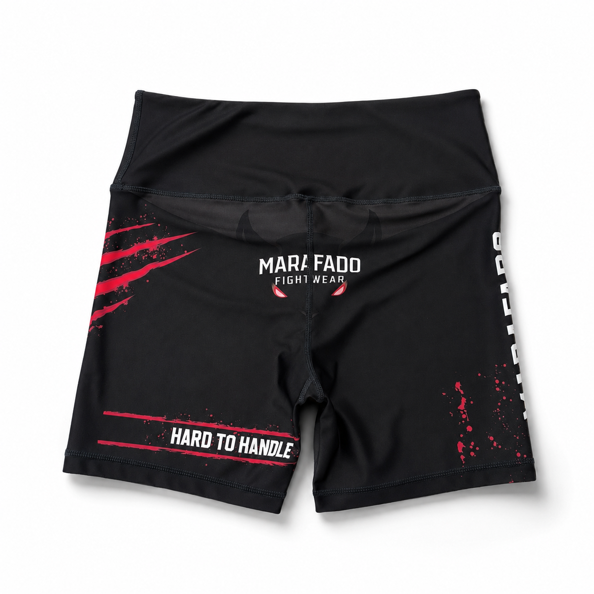 Black and red Hard to Handle compression shorts for women, back view