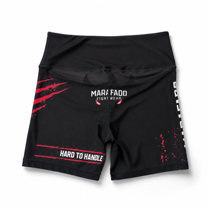 Black and red Hard to Handle compression shorts for women, back view