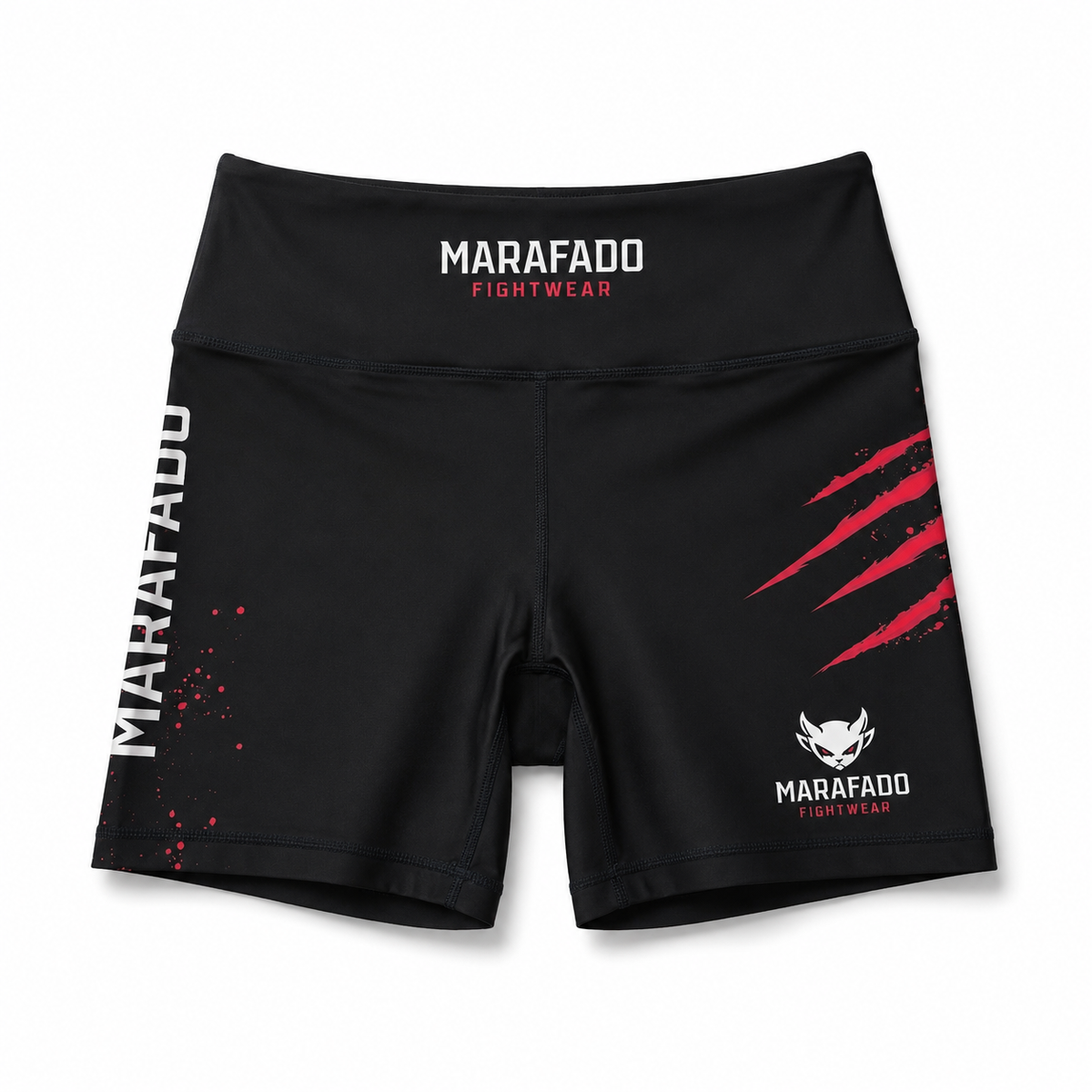 Black and red Hard to Handle compression shorts for women, front view
